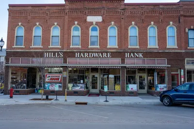 Charming brick facade of Hill's Hardware Hank in Wabasha, Minnesota.